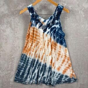 Shoreline Tank Top Tie Dye Embroidered Beaded Blue Orange One Size Tunic Artsy